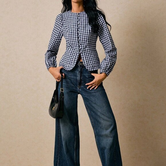 Black And White Casual Women's Versatile Plaid Waist Cinched Long Sleeve Fitted - Picture 1 of 7